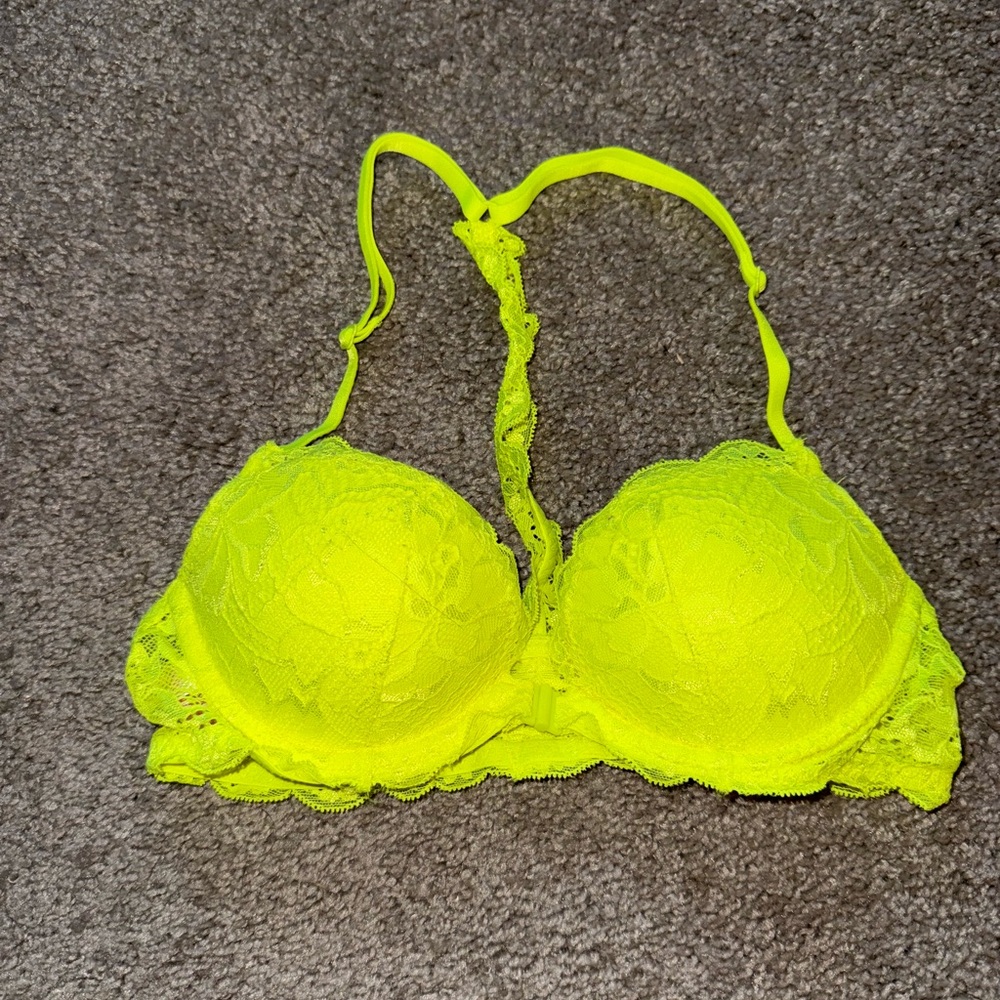 VS PINK neon yellow lace bra